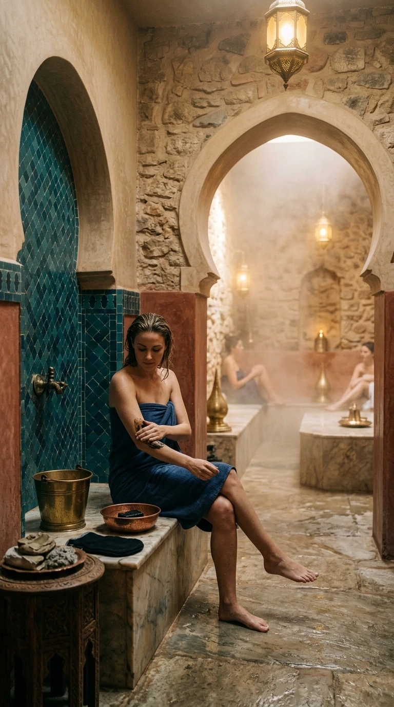 Salle de vapeur du Hammam Zephyra : colonnes carrelées en zellige bleu-vert, vapeur douce et lumière tamisée créant une atmosphère méditative